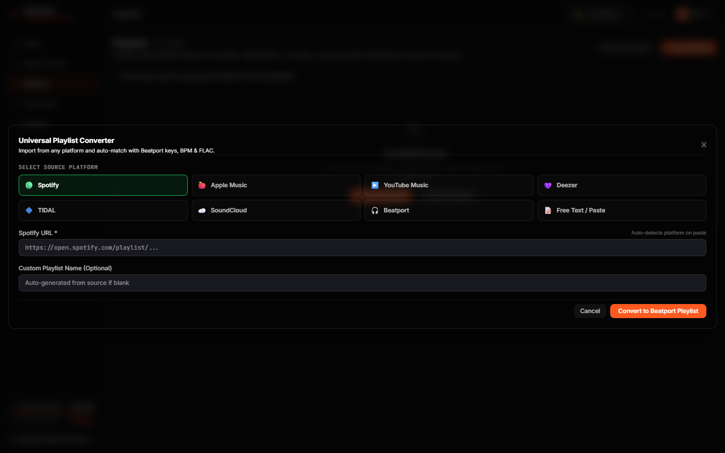 Universal Playlist Converter Modal