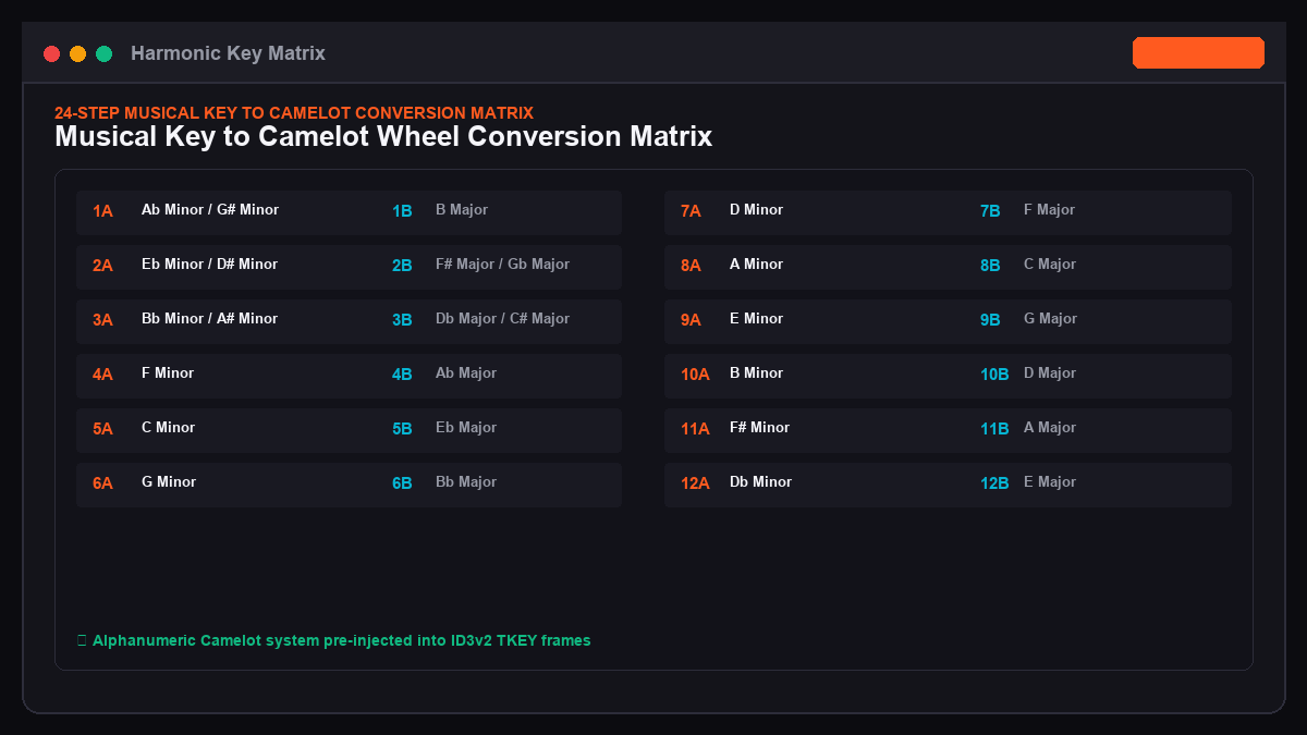 Standard Musical Key vs Camelot Conversion Matrix